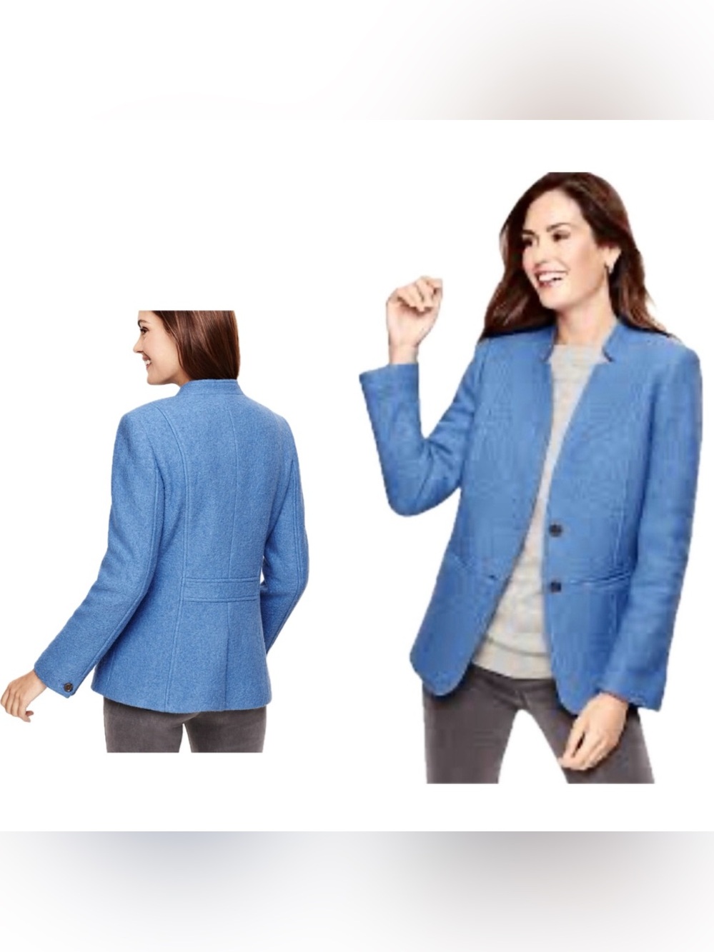 Talbots Blue Boiled Wool Jacket Split Neck Blazer Coat Buttons Women 16 P Preppy
